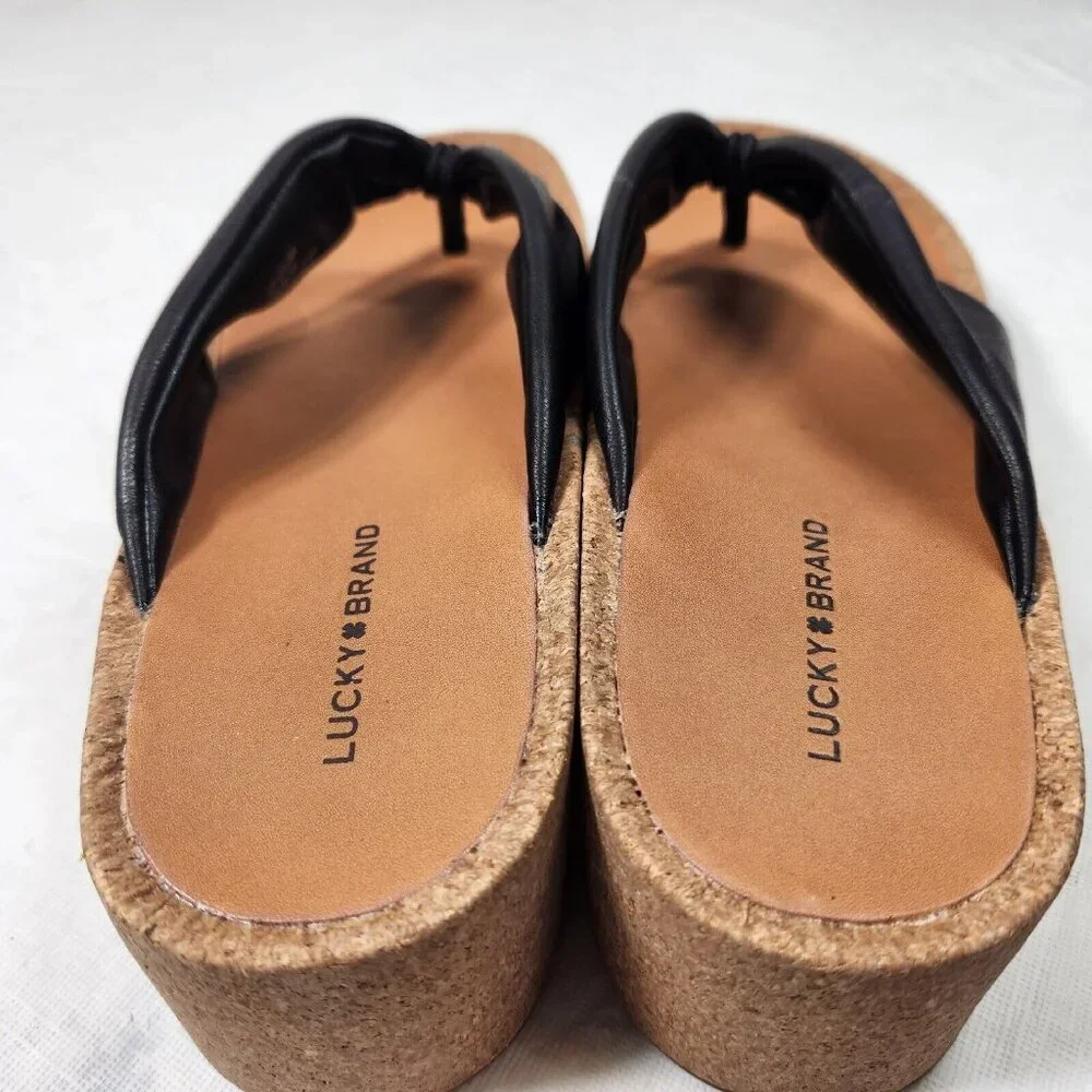 Lucky Brand Womens Size 10 Lellina Corck Platform Wedge Thong Sandal Black 902